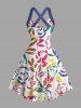 Flower Leaf Painting Print Hawaii Halter Crisscross Strappy A Line Dress - Pourpre  XXL