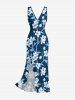 Flower Leaf Branch Print Hawaii Ruffles Split Dress -  