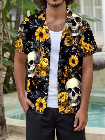 Skull Sunflower Flower Leaf Print Hawaii Button Pocket Shirt For Men - YELLOW - M