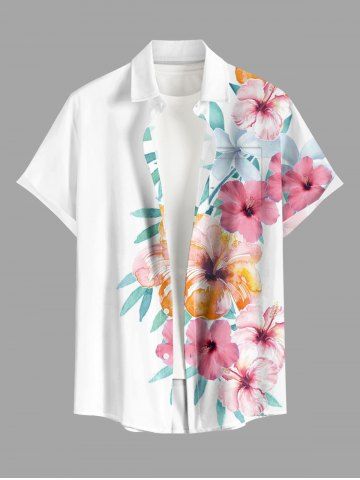 Hibiscus Flower Leaf Print Hawaii Button Pocket Shirt For Men - WHITE - 4XL