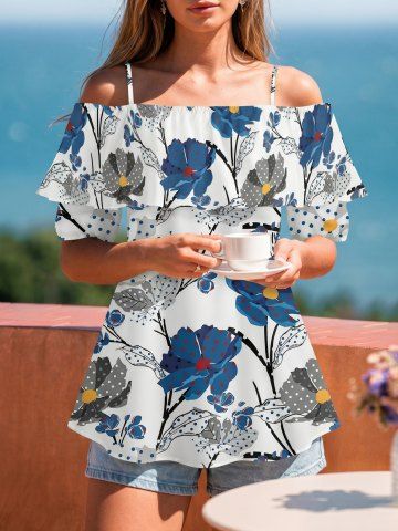 Pin Dot Flower Print Hawaii Cold Shoulder Ruffles Blouse - BLUE - XL