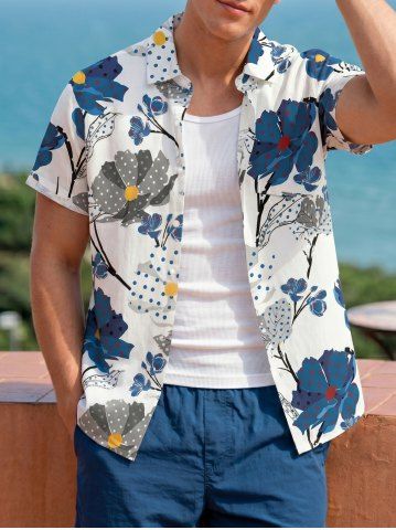 Pin Dot Flower Print Hawaii Button Pocket Shirt For Men - BLUE - S