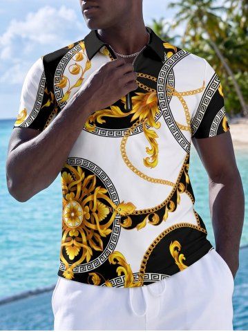 Geometric Graphic Flower Chain Print Hawaii Zipper Polo Shirt For Men - GOLDEN BROWN - XS