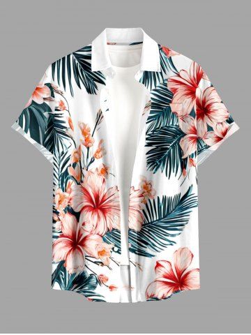 Hibiscus Flower Tropical Leaf Print Buttons Pocket Hawaii Shirt For Men - RED - 4XL