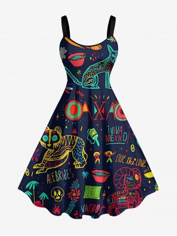 Robe trapèze Hawaii à imprimé ethnique tigre fleur lettres - MIDNIGHT BLUE - 6X