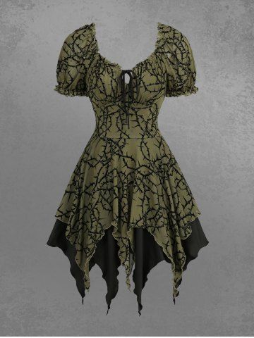 Gothic Vine Flocking Asymmetric Layered Dress - OLIVE GREEN - XXXL