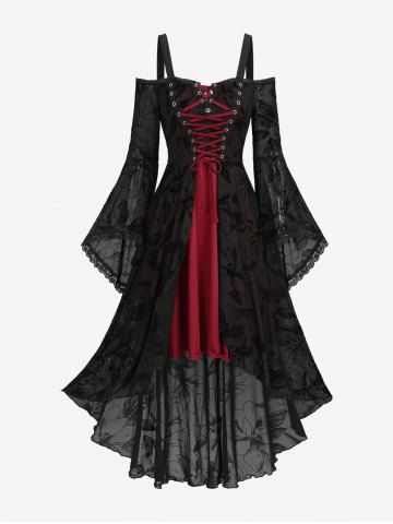 Flowers Flocking Mesh Lace Trim Lace-up Grommets Cold Shoulder Tank Dress - BLACK - M