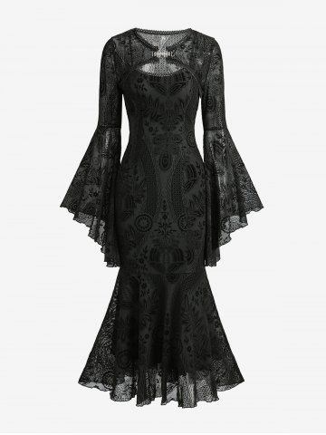 Flower Paisley Flocking Lace Trim Mermaid Cami Dress With Leaf Buckle Flare Sleeve Shrug Top - BLACK - M