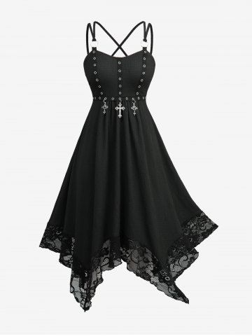 Plus Size Flower Lace Trim Crisscross Strappy Textured Dress with Removable Cross - BLACK - L | US 12
