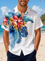 Tropical Leaf Hibiscus Flower Print Hawaii Button Pocket Shirt For Men -  