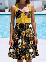 Skull Sunflower Flower Leaf Print Hawaii Halter Crisscross Strappy A Line Dress -  