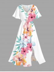 Hibiscus Flower Leaf Print Hawaii Split Pocket A Line Midi Dress -  