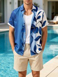 Leaf Branch Ombre Print Hawaii Button Pocket Shirt For Men -  