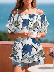 Pin Dot Flower Print Hawaii Cold Shoulder Ruffles Blouse - Bleu XL