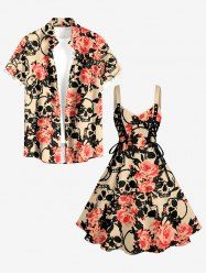 Skulls Flowers Print Matching Hawaii Beach Outfit For Couples -  