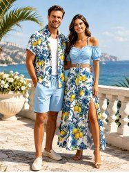 Lemon Flowers Print Matching Hawaii Beach Outfit For Couples -  
