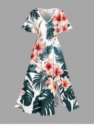 Hibiscus Flower Tropical Leaf Print Split Hawaii Midi Dress - Rouge 1X