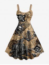 Skull Skeleton Pirate Ship Rudder Anchor Cruise Print Hawaii Tank Dress - Bronze XXS