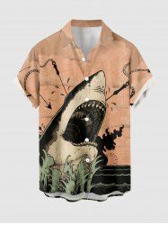 Shark Sea Plant Print Hawaii Button Pocket Shirt For Men - orange clair XL