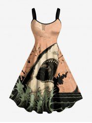 Robe trapèze Hawaii à imprimé requin et plantes marines - orange clair XXS