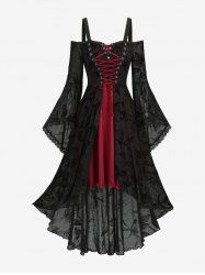 Robe débardeur en mesh à épaules dénudées, à flocage fleurs, garniture en dentelle, laçage à œillets - Noir XXL