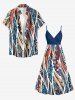 Tropical Leaf Ethnic Graphic Print Hawaii Surplice A Line Dress - Bleu profond 1X