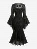Flower Paisley Flocking Lace Trim Mermaid Cami Dress With Leaf Buckle Flare Sleeve Shrug Top -  