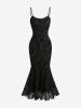 Flower Paisley Flocking Lace Trim Mermaid Cami Dress With Leaf Buckle Flare Sleeve Shrug Top -  