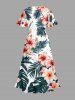 Hibiscus Flower Tropical Leaf Print Split Hawaii Midi Dress - Rouge 1X