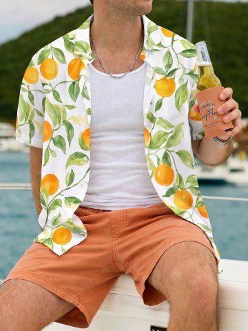 Orange Leaf Oil Painting Print Buttons Pocket Hawaii Shirt For Men