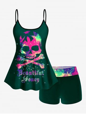 Plus Size Skull Glitter Print Boyshorts Tankini Swimsuit (Adjustable Shoulder Strap) - DEEP GREEN - 5X