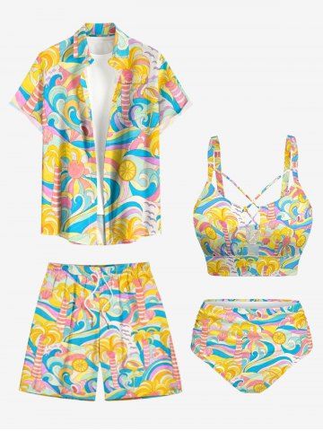 Coconut Tree Sea Waves Bird Print Matching Hawaii Beach Outfit For Couples - YELLOW