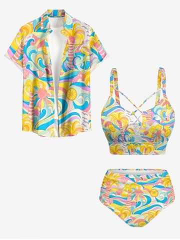 Coconut Tree Sea Waves Bird Print Matching Hawaii Beach Outfit For Couples - YELLOW