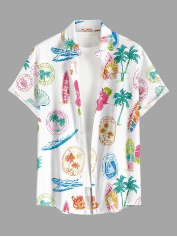 Coconut Tree Sailboat Hibiscus Flower Print Hawaii Button Pocket Shirt For Men