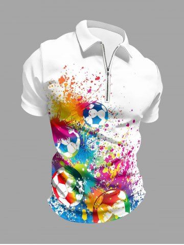 Colorful Painting Splatter Football Print Hawaii Zipper Polo Shirt For Men - WHITE - XS