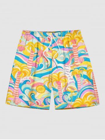Coconut Tree Sea Waves Bird Print Hawaii Drawstring Beach Shorts For Men - YELLOW - 8XL