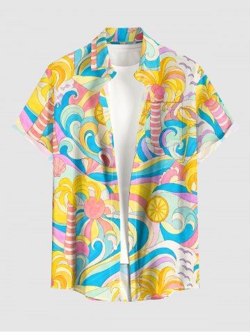 Coconut Tree Sea Waves Bird Print Hawaii Button Pocket Shirt For Men - YELLOW - 6XL