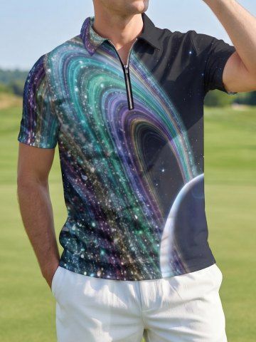 Galaxy Glitter 3D Print Zipper Polo Hawaii Shirt For Men - BLACK - XS
