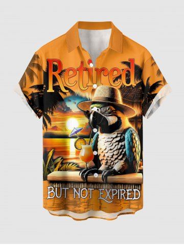 Parrot Coconut Tree Fruit Juice Sun Seascape Print Buttons Pocket Hawaii Shirt For Men - ORANGE - L