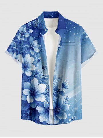 Flower Leaf Ombre Print Hawaii Button Pocket Shirt For Men - BLUE - M