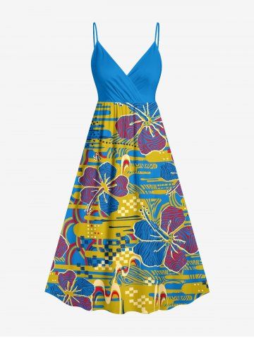 Robe camisole coupe A à imprimé hawaïen ethnique graphique de fleur d'hibiscus, encolure surplice - LAKE BLUE - M