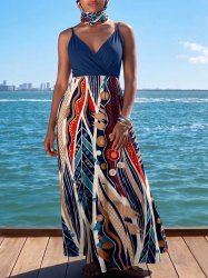 Tropical Leaf Ethnic Graphic Print Hawaii Surplice A Line Dress - Bleu profond 1X