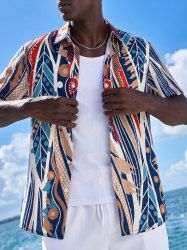 Tropical Leaf Ethnic Graphic Print Hawaii Button Pocket Shirt For Men -  