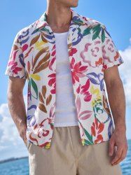Flower Leaf Painting Print Hawaii Button Pocket Shirt For Men - Pourpre  L