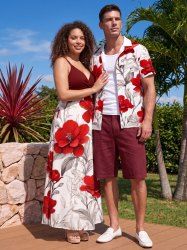 Flower Leaf Print Matching Hawaii Beach Outfit For Couples - Rouge Vineux 