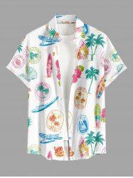 Coconut Tree Sailboat Hibiscus Flower Print Hawaii Button Pocket Shirt For Men - Blanc XL