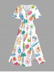Coconut Tree Sailboat Hibiscus Flower Print Hawaii Split Pocket A Line Midi Dress - Blanc M