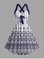 Ethnic Graphic Print Hawaii Halter Crisscross Strappy A Line Dress - Cadetblue XXL