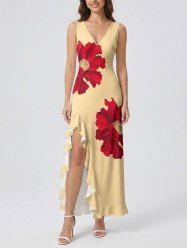 Flower Print Hawaii Ruffles Split Dress -  