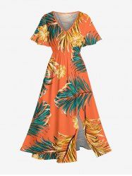 Hibiscus Flowers Tropical Leaf Print Split Hawaii Midi Dress -  